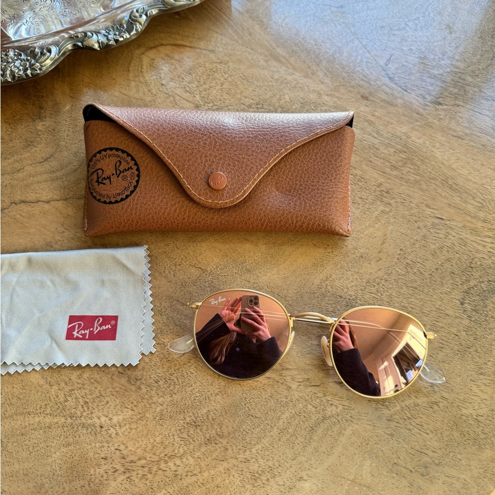 COPY - Ray Ban Round Flash Reflective Pink Gold Frame Metal Sunglasses
